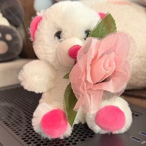 Pink and White Teddy Bear with Rose